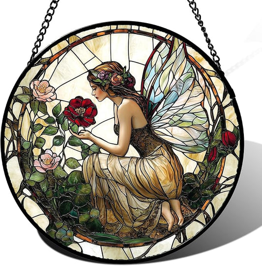 Stained Glass Window Hanging - Butterfly Flower Fairy Suncatcher for Door Terrace Garden Home Decor Yellow Green Plants Sun Catcher Birthday Gifts for Lovers Women Men Dad Mom Nana 15 in