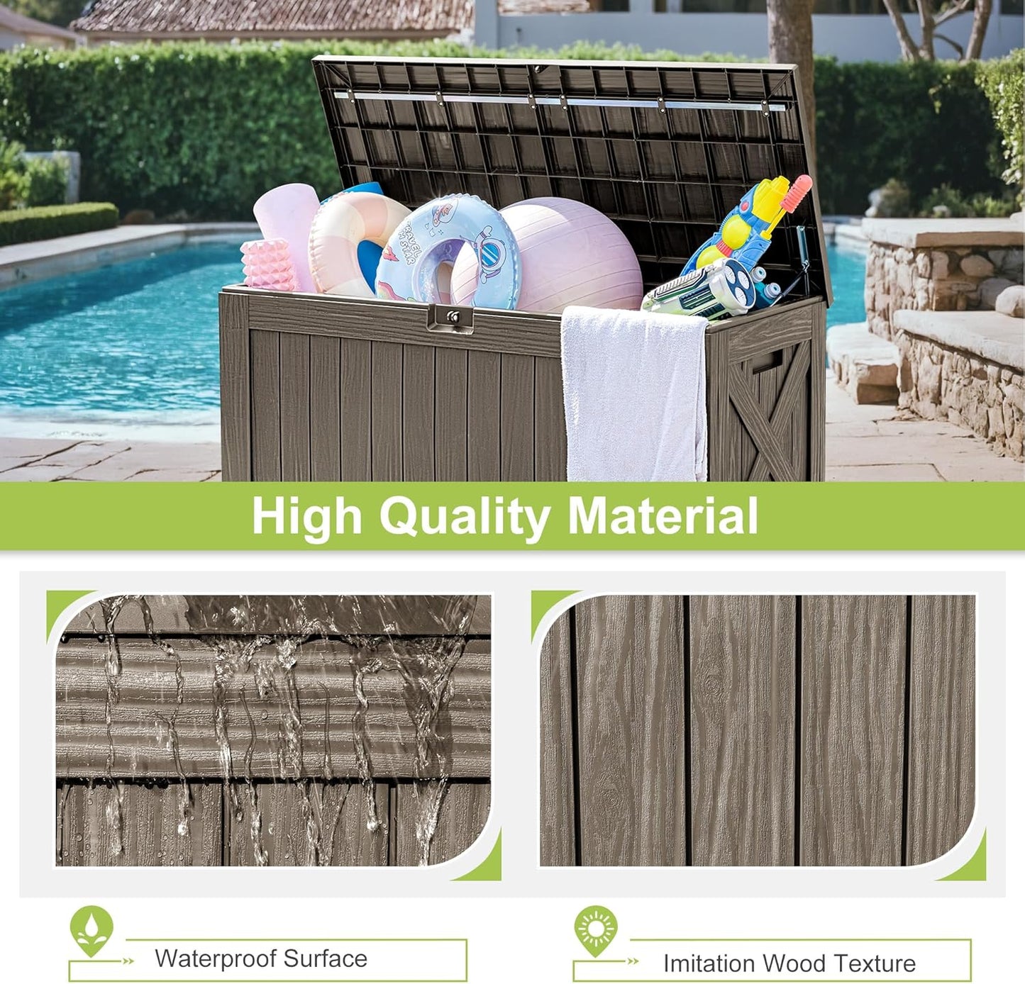 Greesum 120 Gallon Deck Box, Resin Outdoor Storage Container for Patio Furniture, Garden Tools, Pool Accessories, Weatherproof, Lockable, Coffee