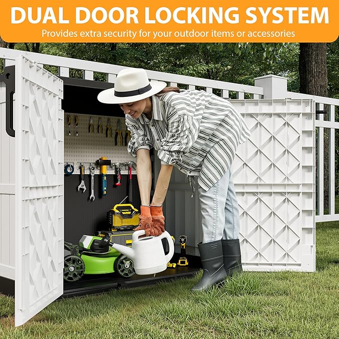 LHBcraft Outdoor Storage Cabinet 36 Cu Ft with Lockable Doors, Portable Horizontal Resin Storage Shed - Easy to Assemble, Waterproof Small Storage Shed with Floor