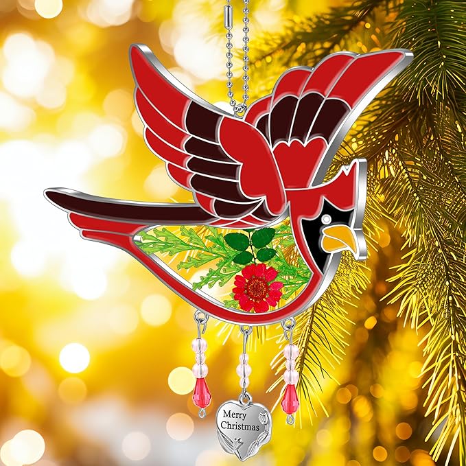KY&BOSAM Cardinal Suncatcher Merry Christmas Hanging Ornament for Windows Sun Catchers with Pressed Real Flower in Glass and Heart Charm Birthday Gifts for Women Mom Grandma Nana Christmas Day Gifts