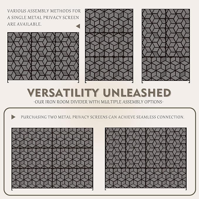 Kozyard Metal Privacy Screen 74" H x 47.2" W Decorative Outdoor Divider with Stand Panels Freestanding Screen Set for Deck Patio Balcony Garden Outdoor&Indoor(Black/Cube)