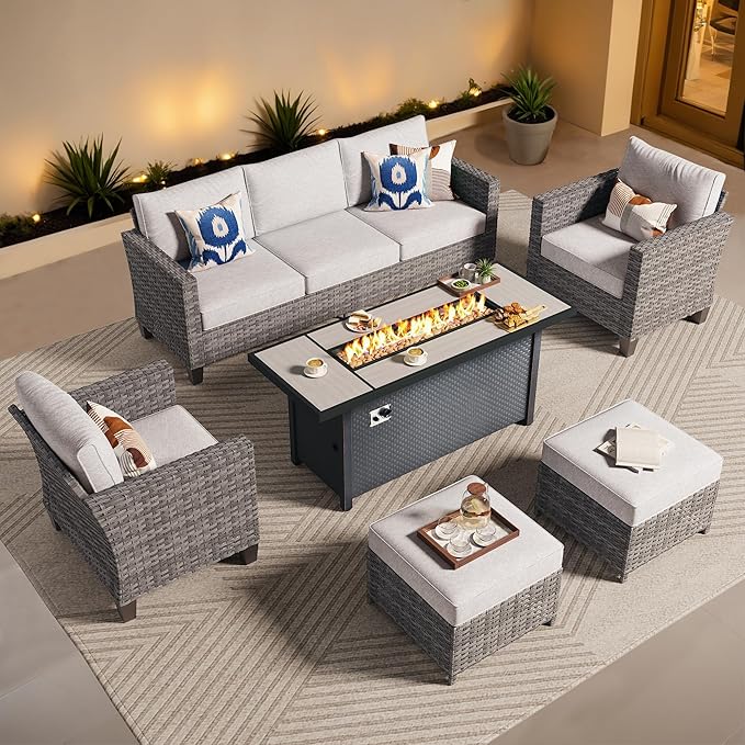 ovios 6 Pieces Patio Furniture Set with 54" Fire Pit Table, Outdoor Wicker Sofa with Comfy Cushions, All Weather High Back Rattan Couch Conversation Set, Grey