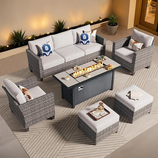 ovios 6 Pieces Patio Furniture Set with 54" Fire Pit Table, Outdoor Wicker Sofa with Comfy Cushions, All Weather High Back Rattan Couch Conversation Set, Grey