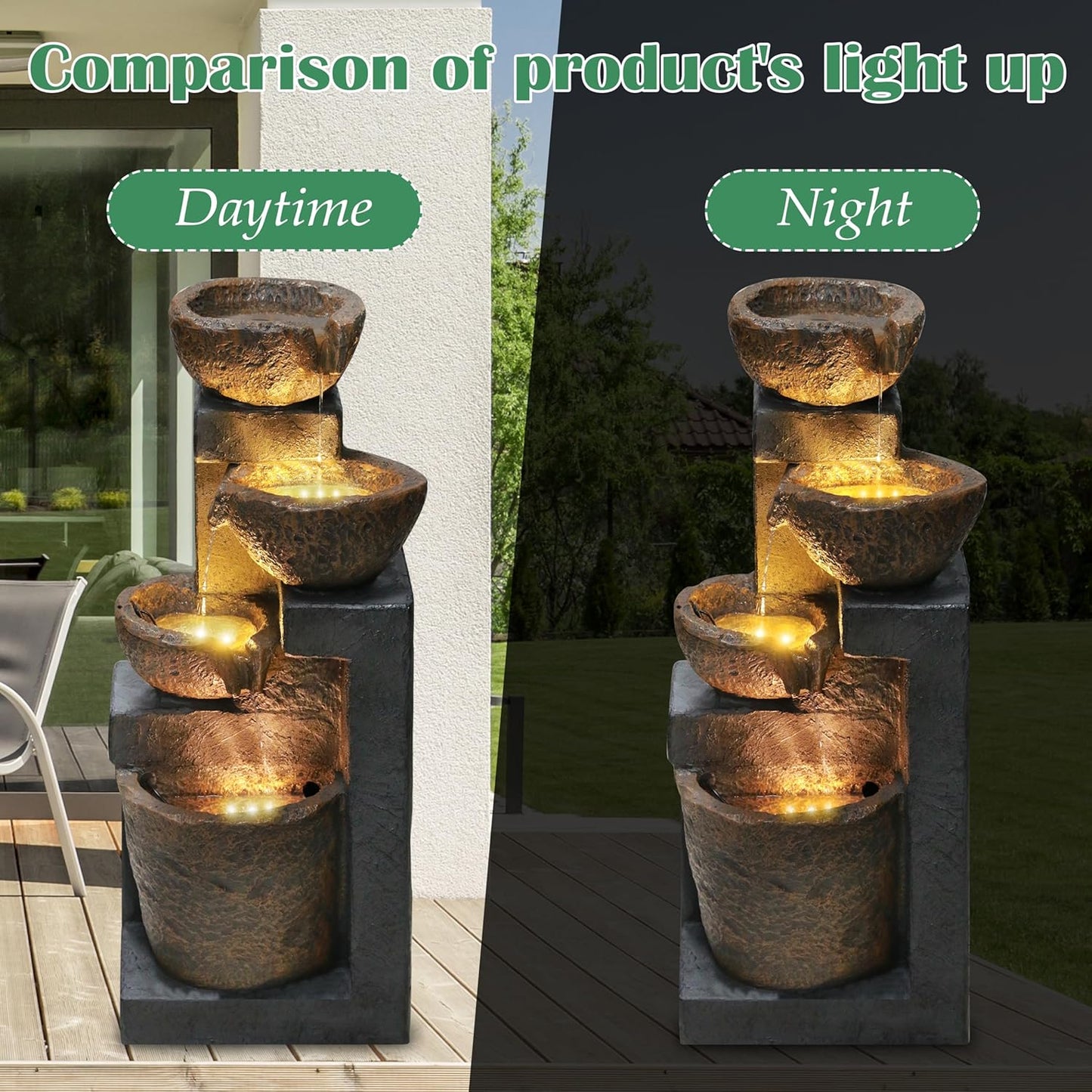 4-Tiers Cascading Bowls Outdoor Water Fountain with LED Light, Standing Cascading Water Feature, Faux Stacked Stones Waterfalls Fountains Decor for Garden Patio Yard and Lawn (Beige)