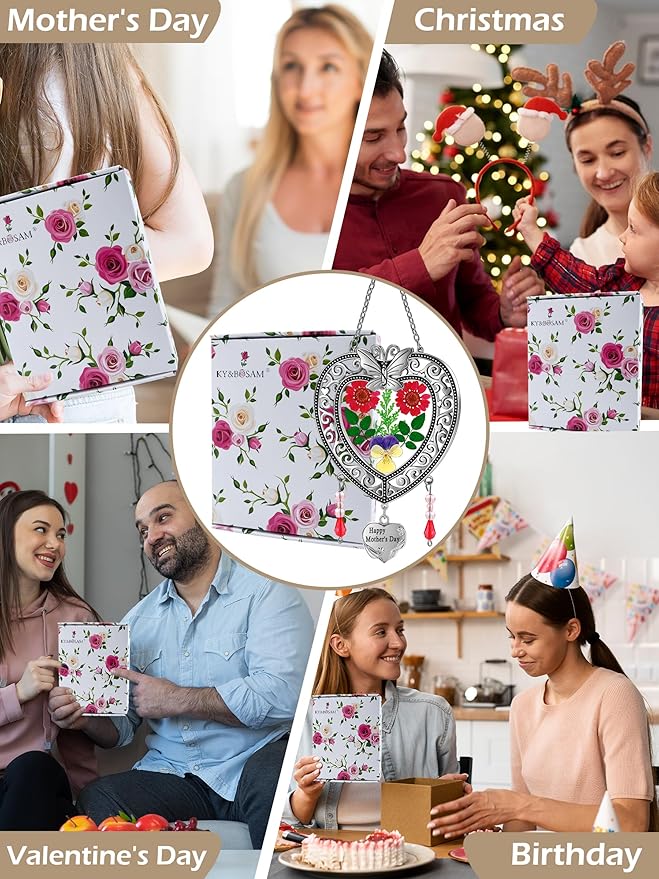 KY&BOSAM Suncatcher Happy Mother’s Day Stained Glass Tree of Life Heart Gifts Garden Ornament Wind Chimes for Windows Pressed Flower Between Heart in Glass Metal Engraved Charm as