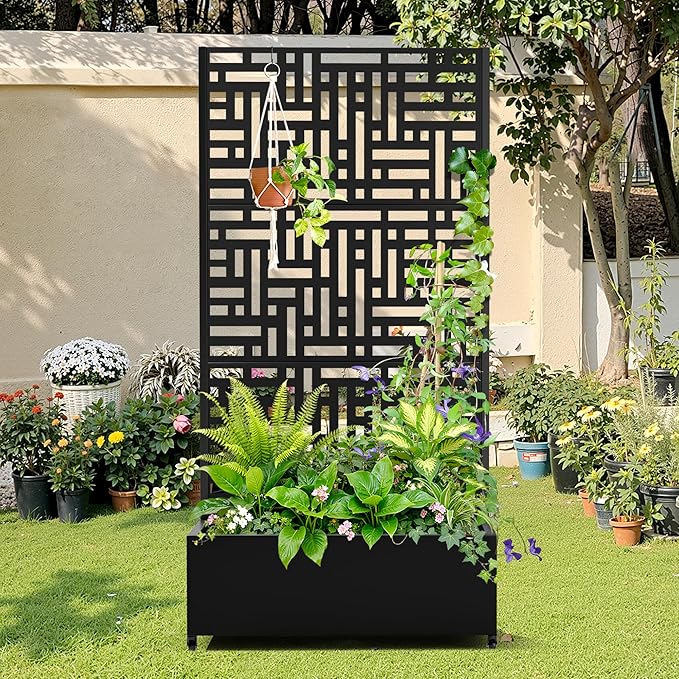 Metal Raised Garden Bed with Trellis, 2-in-1 Planter Box & Privacy Screen for Climbing Plants, Outdoor Standing Flower Bed with Drainage Holes, 35.4" L x 15.7" W x 70.1" H, Black-Helen