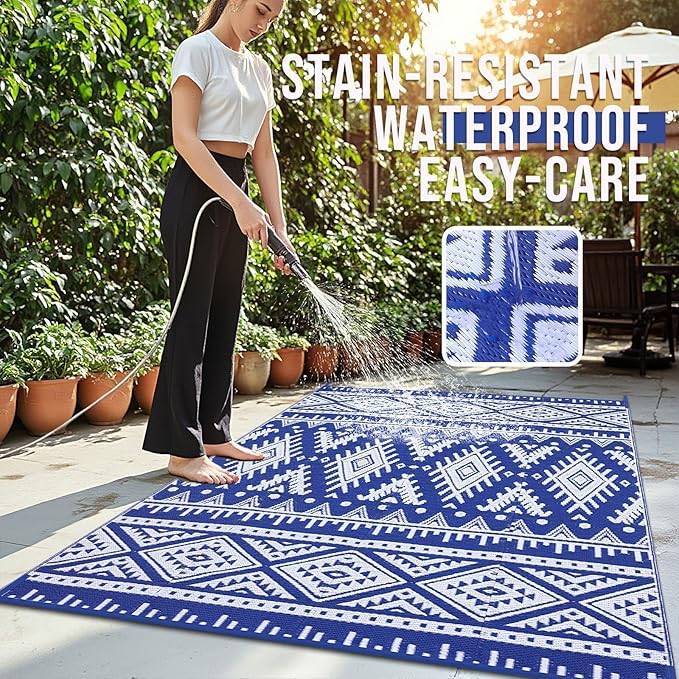 OLANLY Outdoor Rug Waterproof 9x18 ft, Reversible Outdoor Plastic Straw Rug, Boho Patio Rug, Indoor Outdoor Carpet, RV Mat Outside for Patio, Camp, Picnic, Balcony, Deck, Backyard, Blue & White