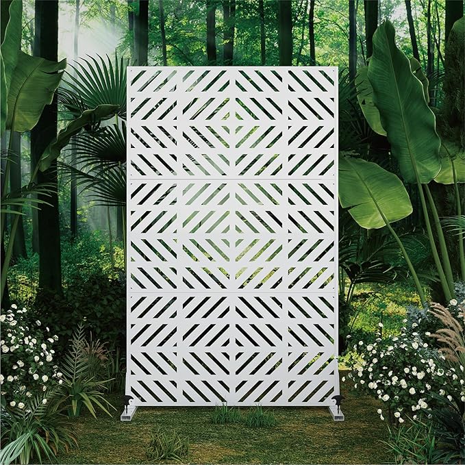 Heavy-Duty Outdoor Privacy Screen for Patio, Balcony, Backyard - 72" H * 44" W Metal Room Divider with Geometric Pattern, Anti-Tipping Kit, Weather Resistant, Easy Assembly (White-FGXPF)
