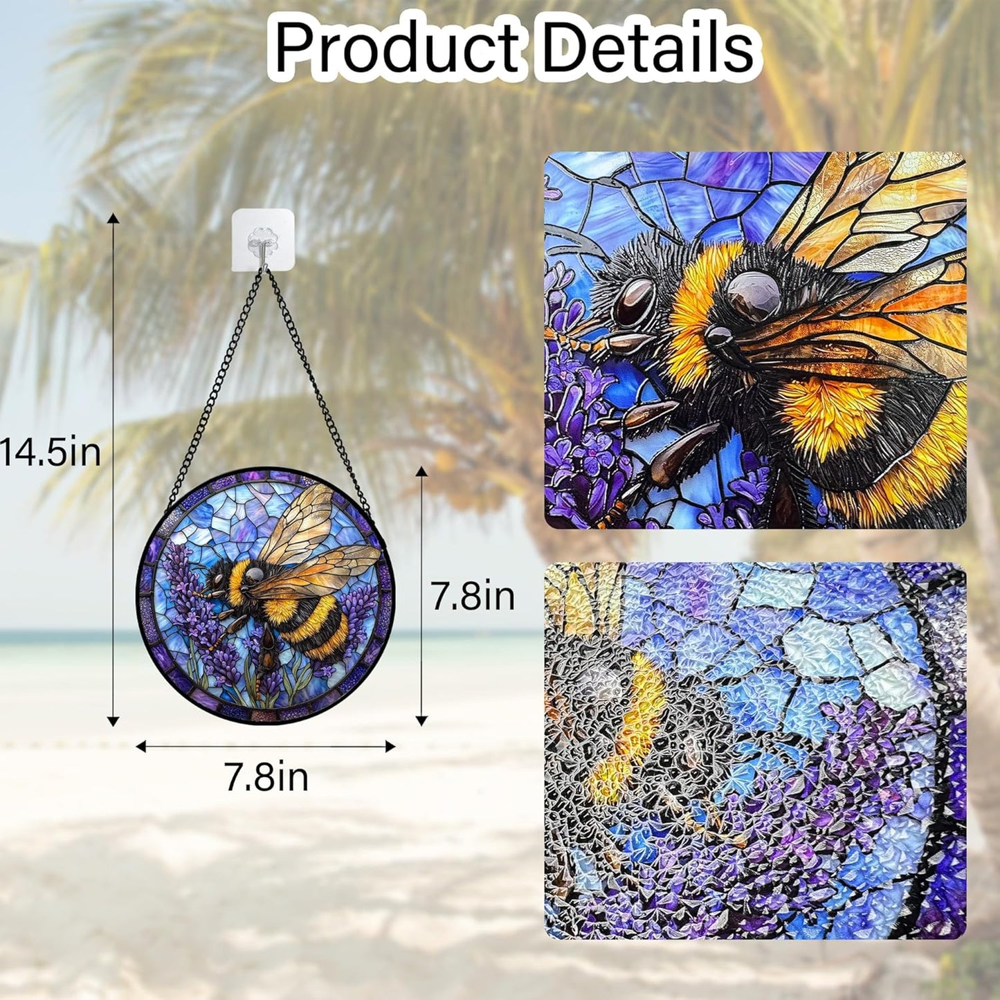 Stained Glass Window Hanging, Bee Lavender Sun Catchers Diamond Glass Panel Hangings Insect Suncatcher Decor for Birthday for Women, Men, Wife, Aunt, and Mom7.8 in