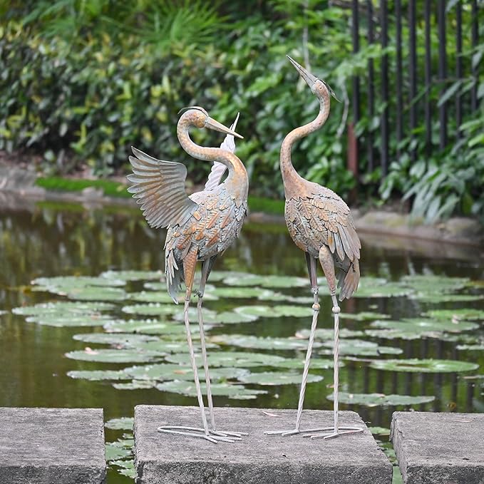 TERESA'S COLLECTIONS Yard Decorations Outdoor Garden Statues, Gold Metal Crane Yard Art, 25-26inch Lawn Ornaments for Backyard, Outside Porch, Patio, Wedding Decor,Set of 2,Spring Decor,Gifts for Mom