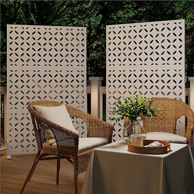 Heavy-Duty Outdoor Privacy Screen for Patio, Balcony, Backyard - 72" H * 44" W Metal Room Divider with Classic Clover Pattern, Anti-Tipping Kit, Weather Resistant, Easy Assembly (White-SYC)