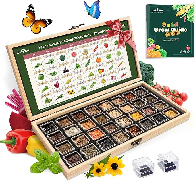 Lush&Dew Year-Round USDA Zone 7 Seed Bank, Gift for Mom Dad, 32 Varieties Non-GMO Heirloom Seeds of Vegetables, Flowers, Gardening Gifts for Women Men, Survival Kit for Raised Garden Bed, Greenhouse