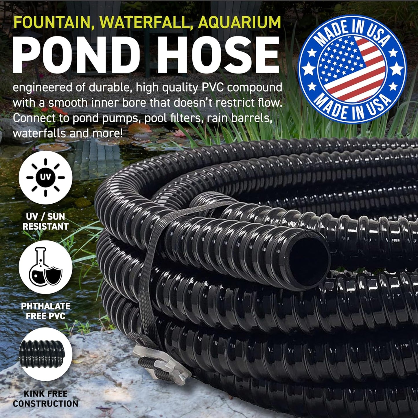 Sealproof Kinkproof 1-1/2" Dia Waterfall, Pond Tubing, 1-1/2-Inch ID, 20 FT, Black Corrugated PVC Strong Flexible Tubing, Made in USA
