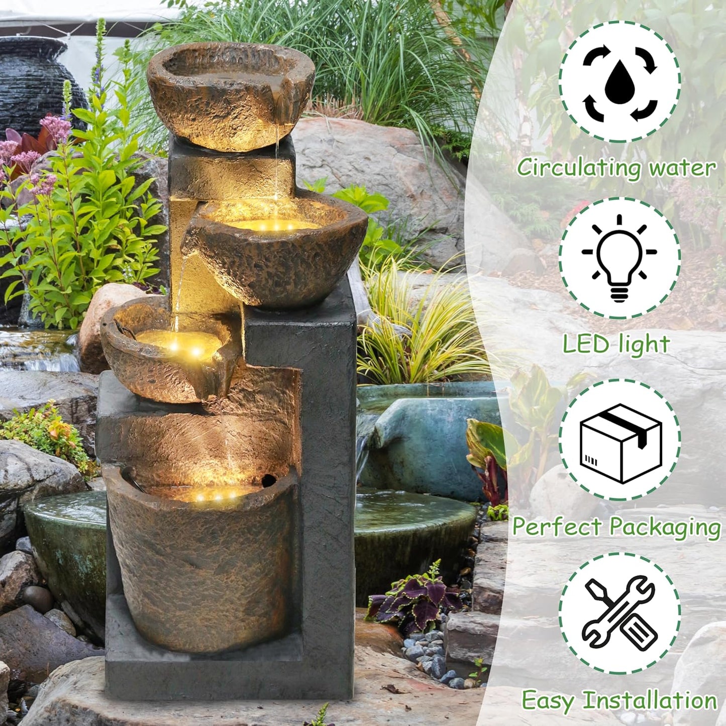 4-Tiers Cascading Bowls Outdoor Water Fountain with LED Light, Standing Cascading Water Feature, Faux Stacked Stones Waterfalls Fountains Decor for Garden Patio Yard and Lawn (Beige)