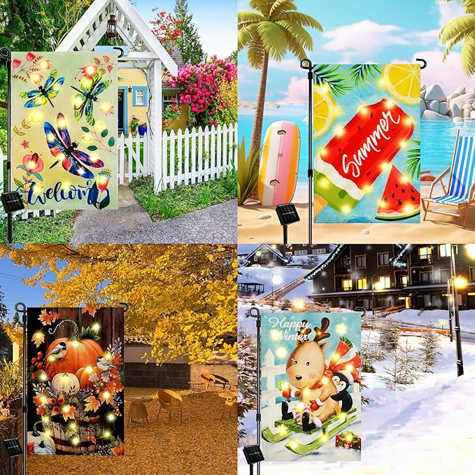 Solar Seasonal Garden Flags Set of 12, Lighted 12×18 Double-Sided Yard Flags for Outside Halloween Christmas Fall Thanksgiving Day Decorations Welcome Flag Outdoor Holiday Decor