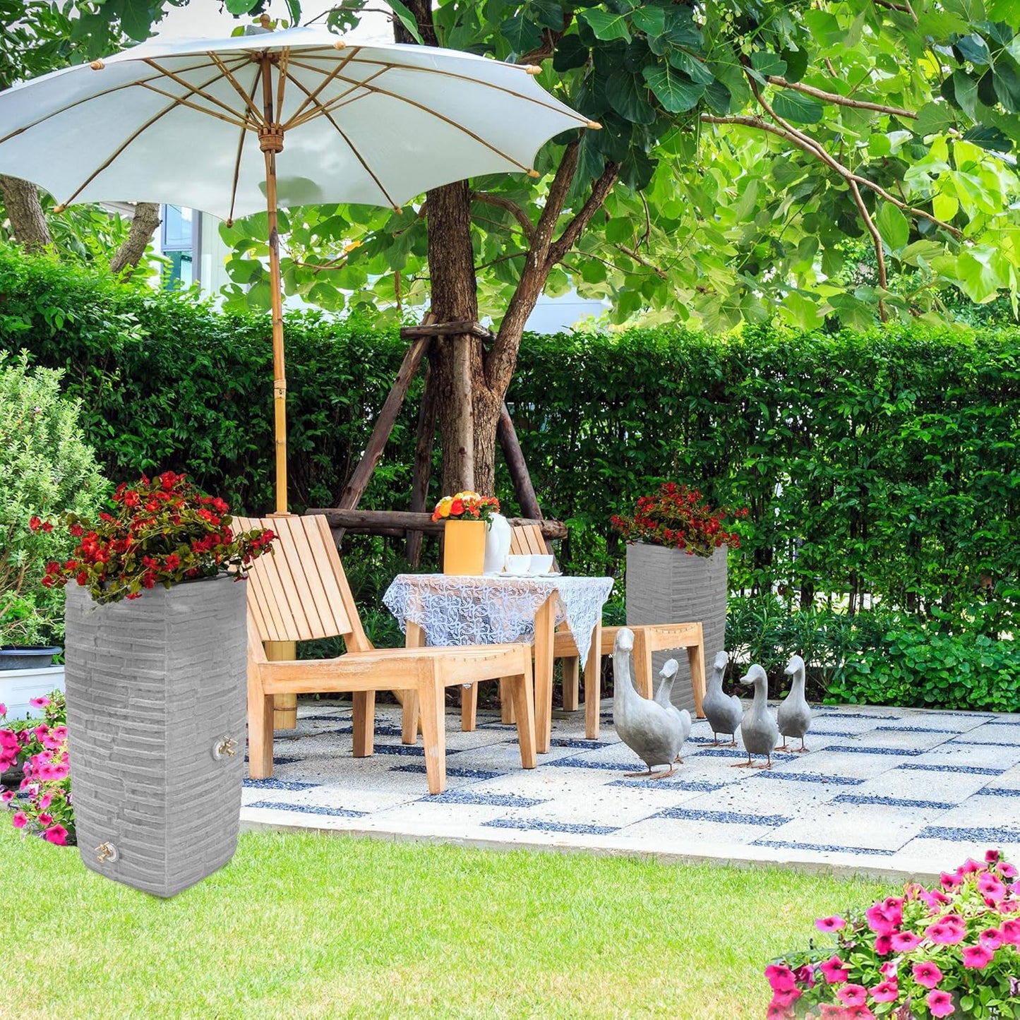 Good Ideas Rain Barrel, Faux Slate Riverwalk w/ 2 Brass Spigots, 50-Gal, Light Granite