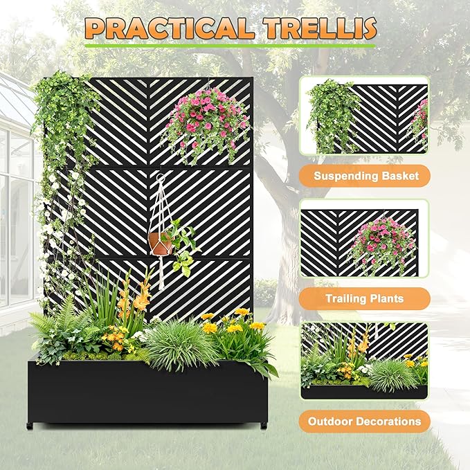 Metal Raised Garden Bed with Trellis, 2-in-1 Planter Box & Privacy Screen for Climbing Plants, Outdoor Standing Flower Bed with Drainage Holes, 47.2" L x 16.7" W x 70.8" H, Black-Parallel