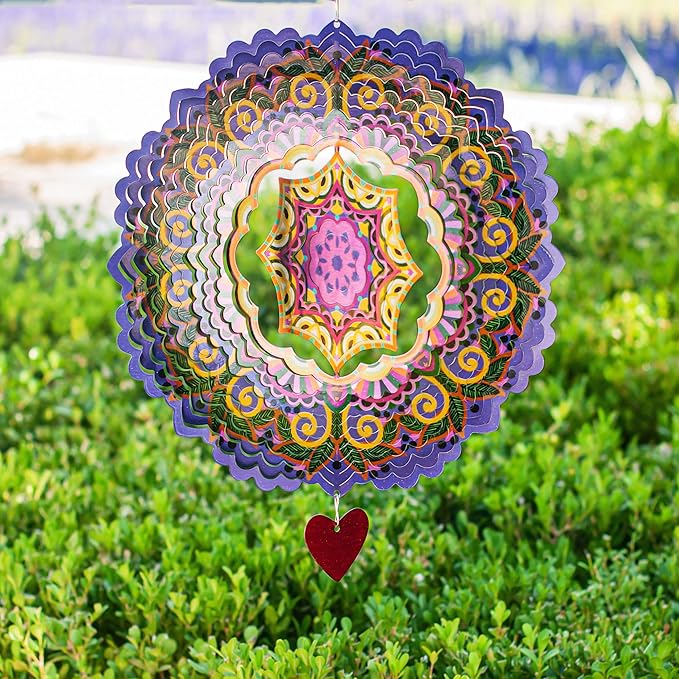 SteadyDoggie 12-Inch 3D Wind Spinners Outdoor - Mandala Purplerain Windmill Yard Decorations - Stainless Steel Laser Cut Ornament - Kinetic Garden Decor for Outside