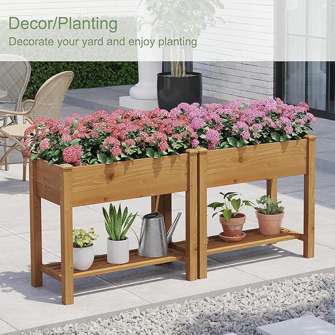GHWIE Raised Garden Bed with Legs, Elevated Wood Planter Box for Vegetables, Flowers, Patio, Balcony, with Liner