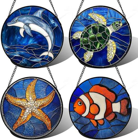Stained Glass Window Hanging 4 Pcs Set Blue Ocean Turtle Dolphin Large 11.8" - Marine Life Suncatcher Garden Sun Catcher Decor Birthday Mother's Day for Mom Woman Nana Men