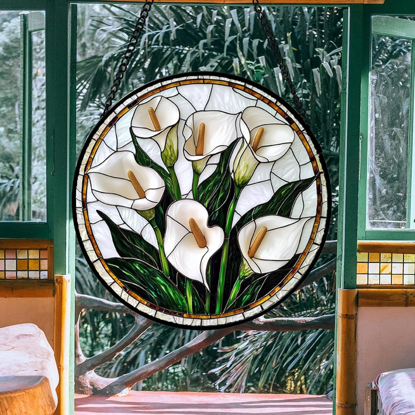 Stained Glass Window Hanging, White Calla Lily Flowers Sun Catchers Glass Panel Plant Suncatcher Decor for Birthday for Women, Men, Wife, Aunt, and Mom 14.9x14.9 in