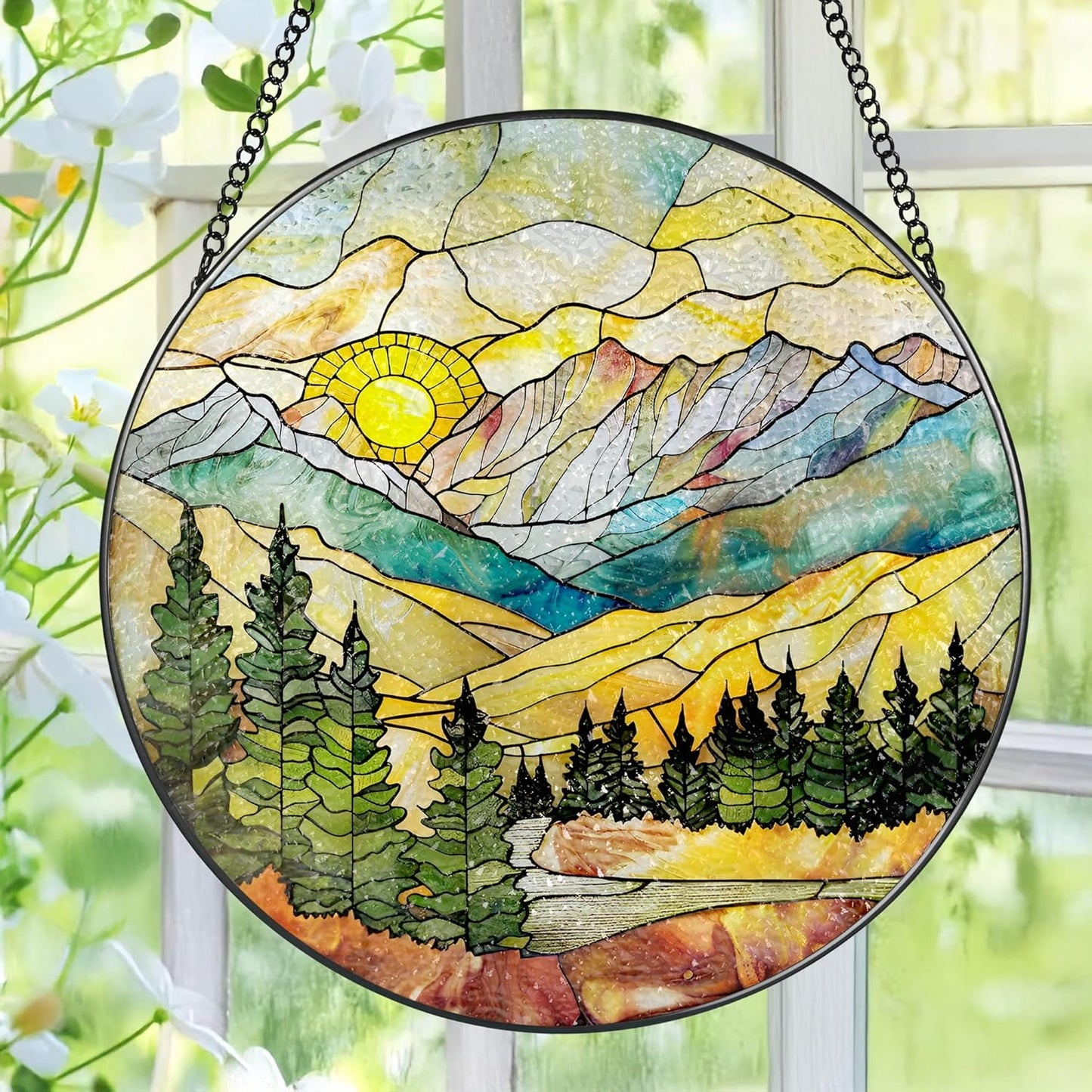 Stained Glass Window Hanging - 8 Inch Mountain Range Suncatcher for Window Doors Home Decoration, Valentine's Day Mother's Day Christmas Birthday Gifts for Women, Men, and Mom Grandma
