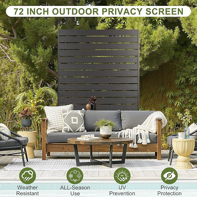 NicBex Outdoor Privacy Screen, 72" H x 47" W Privacy Screen Fence, Black Freestanding Fence Panels with Metal Stand, HDPE Indoor Decorative Divider for Balcony, Pool, Garden, Bathroom