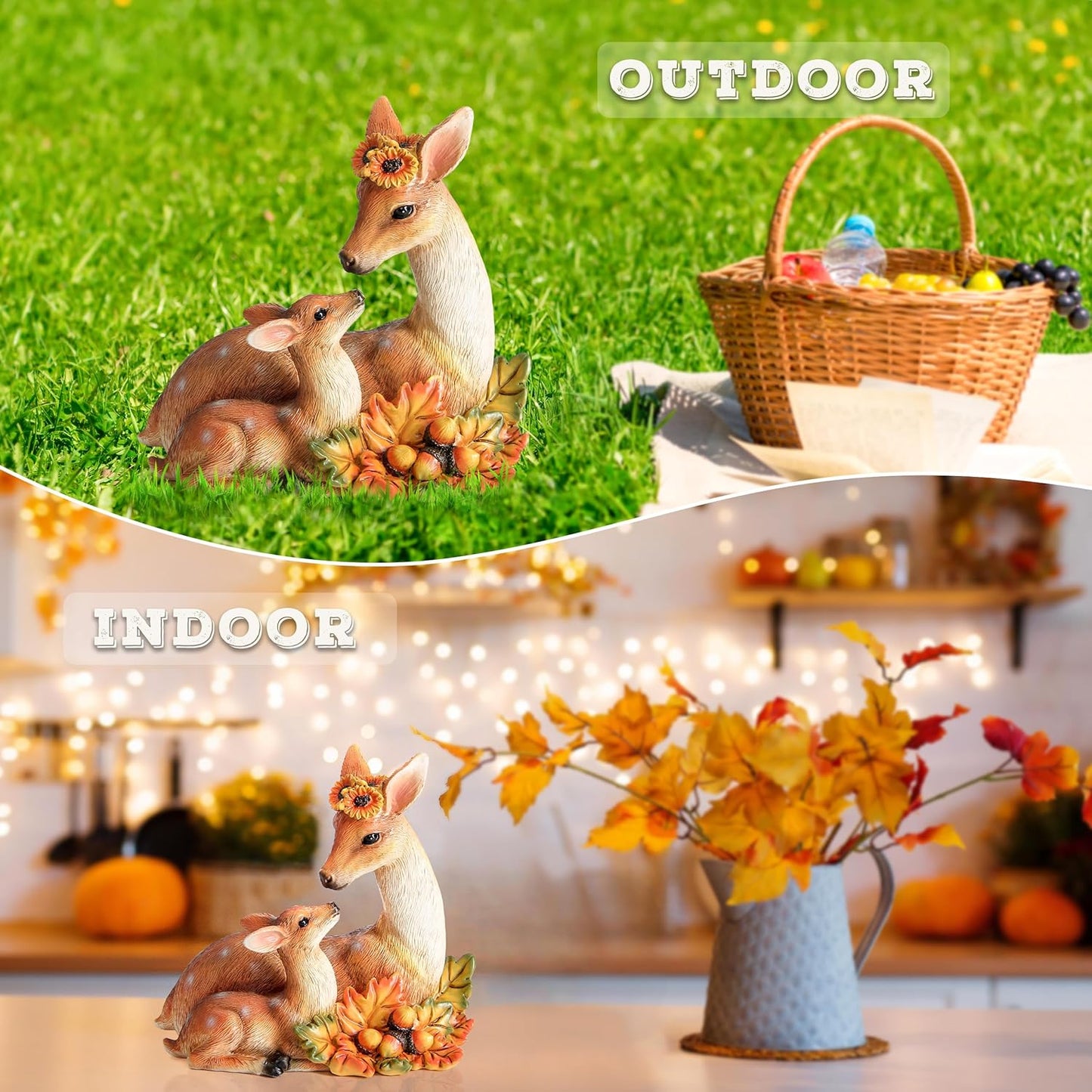 Garden Deer Statue Fall Animals Decor Resin Harvest Mother and Baby Deer Acorn with Maple Leaves Figurines Autumn Thanksgiving Indoor Outdoor Decorations Patio Yard Lawn Ornaments
