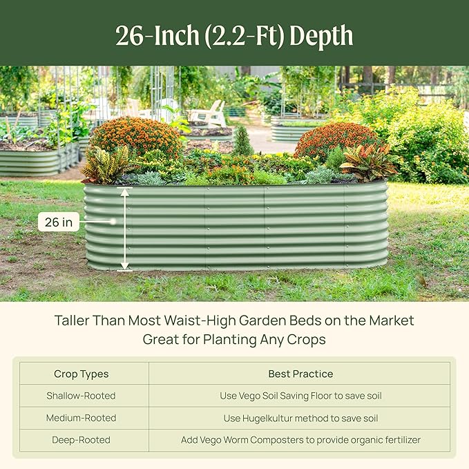 Vego garden 26" Extra Tall Raised Garden Bed Kits, 10 in 1 Modular Raised Planter Box for Vegetables Flowers Fruits Oval Metal Raised Garden Pearl White