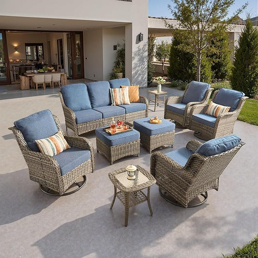 ovios 9 Pieces Patio Furniture Set, Outdoor Wicker Sofa Couch with Swivel Chairs Ottomans Comfy Cushions, High Back All Weather Modern Conversation Sets, Grey Rattan, Denim Blue