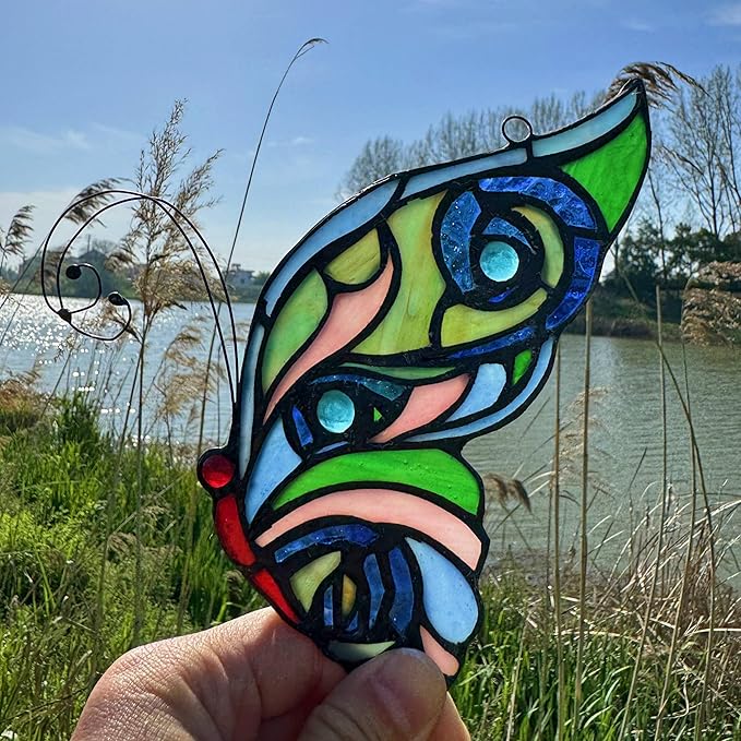 Stained Glass Window Hangings Butterfly Tiffany Style Butterfly Suncatcher for Window Hanging Suncatchers Handcrafted Ornament (Green&Blue)