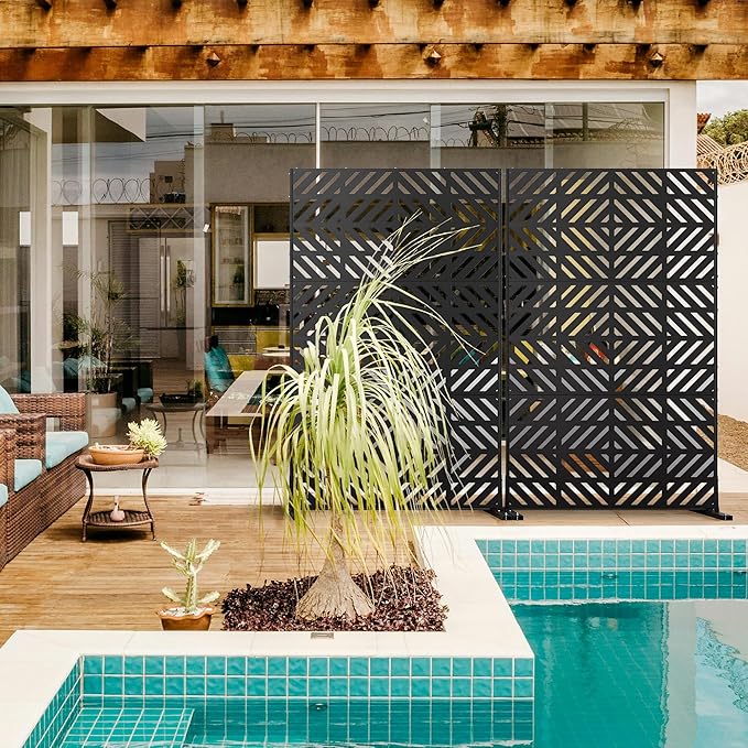 Metal Privacy Screen for Outdoor Freestanding Privacy Screens, 72" H x 44" W Decorative Privacy Wall Panels with Stand, Patio Balcony Screens for Outside Outdoor Divider Deck Porch Garden and Indoor