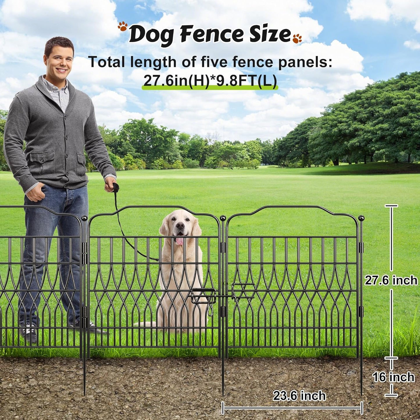 Bepatio 5 Panels Garden Fence with Latch, 27.6in (H) x 9.8ft (L) Dog Fence Outdoor for Yard, Arc Metal Fencing Panels, Animal Barrier Fencing for Outdoor, Patio, Flower Bed
