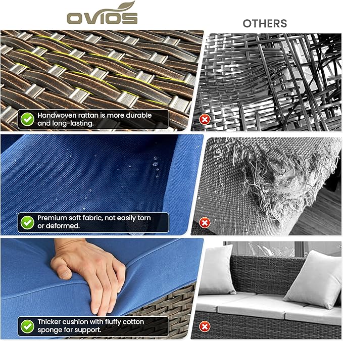 ovios 8 Pieces Patio Furniture Set, Outdoor Wicker Sofa Couch with Swivel Chairs 42" Fire Pit Table, High Back All Weather Modern Conversation Sets, Brown Rattan, Navy Blue