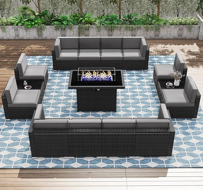Patio Furniture Set with Fire Pit Table, 15 Pieces Outdoor All-Weather Wicker Conversation Sectional Chair Sofa Set