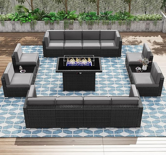 Patio Furniture Set with Fire Pit Table, 15 Pieces Outdoor All-Weather Wicker Conversation Sectional Chair Sofa Set