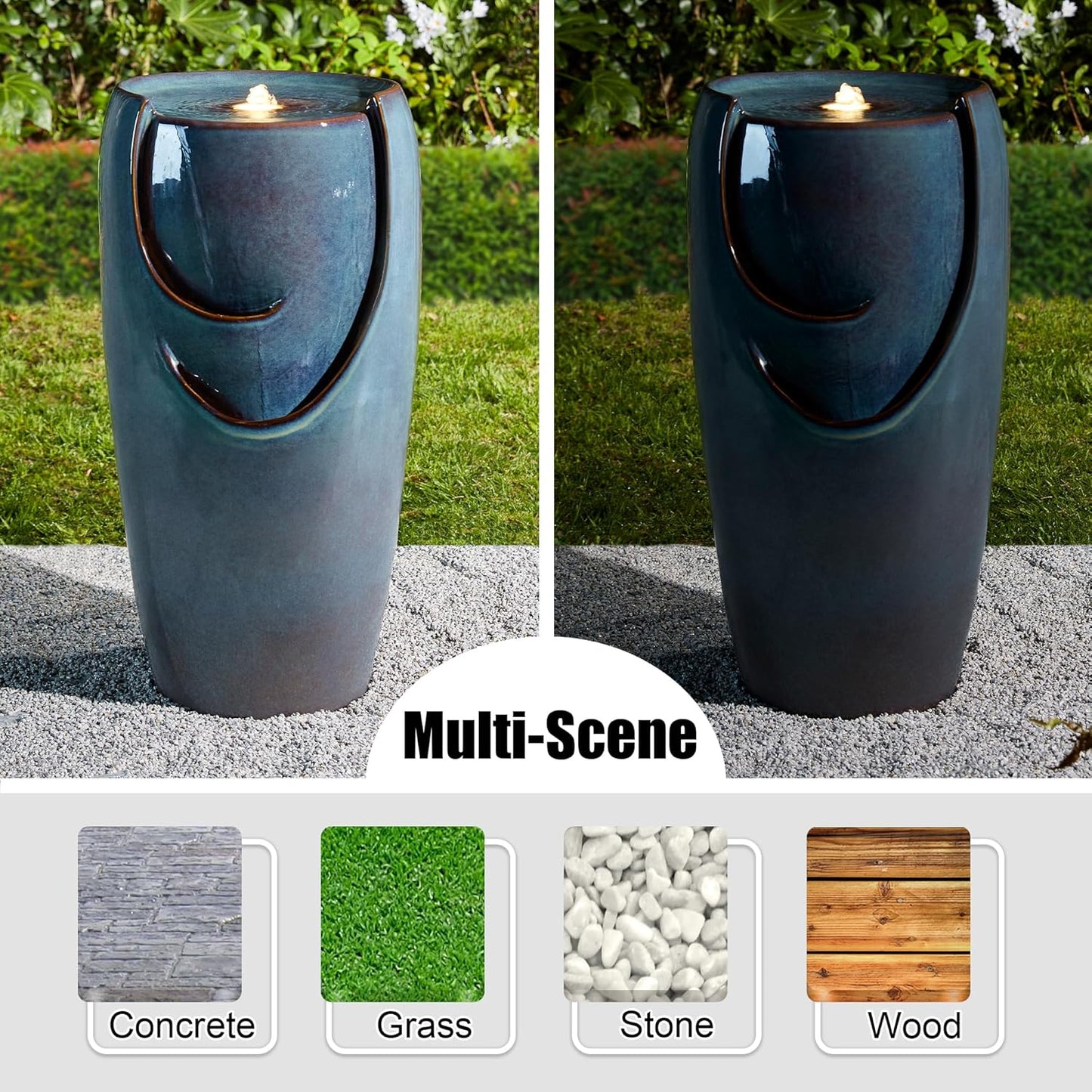 Glitzhome 29.25" H Oversized Ceramic Vase Outdoor Water Fountain Tall Patio Garden Water Fountain with LED Light and Submersible Pump Yard Art Decor, Turquoise