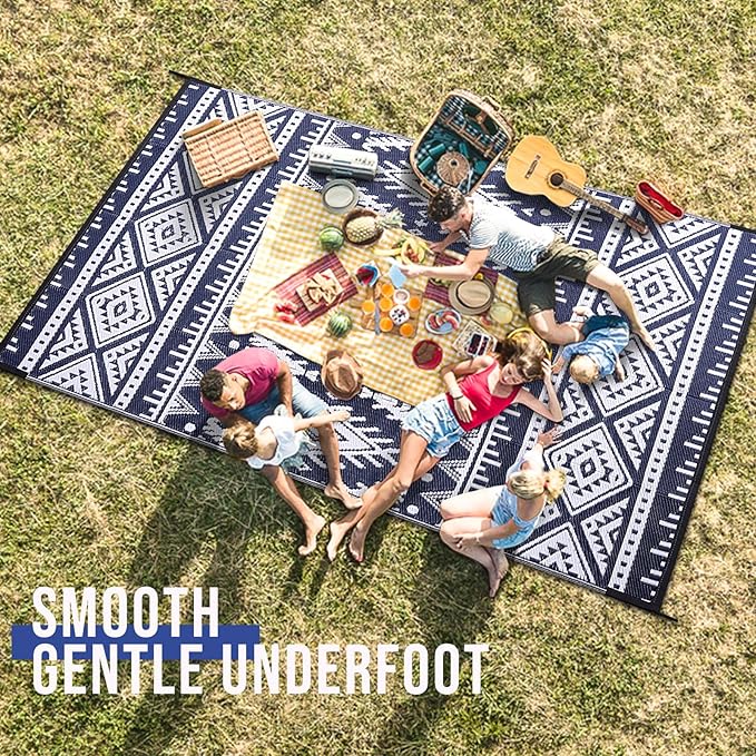 OLANLY Outdoor Rug Waterproof 8x10 ft, Reversible Outdoor Plastic Straw Rug, Boho Patio Rug, Indoor Outdoor Carpet, RV Mat Outside for Patio, Camp, Picnic, Balcony, Deck, Backyard, Navy & White