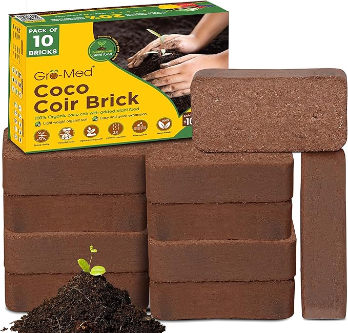 Gro-Med Coco Coir Bricks – 10 Pack (650g Each) | Expands to 100 Quarts | NPK Enriched, OMRI Listed | Organic Coconut Fiber for Indoor & Outdoor Gardening, Potting Soil & Mix