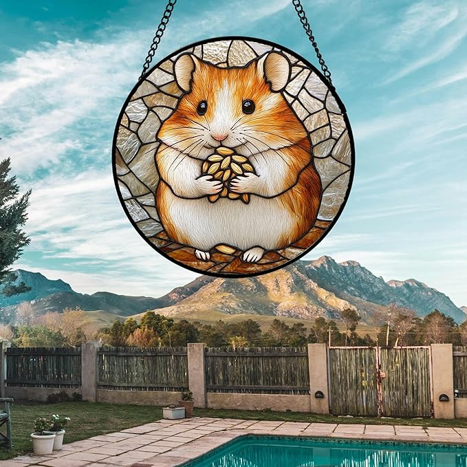 Stained Glass Window Hanging 4 Pcs Set Cute Cat and Dog Large 15" - Animal Suncatcher Door Garden Sun Catcher Decor Birthday Mother's Day for Mom Woman Nana Girl Boy Friend