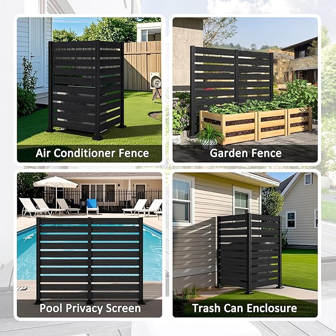 MUPATER 60” H×78” W Outdoor Privacy Screen, Wood Privacy Fence Panel for Hard Ground and Soil, 2 Way to Use, Air Conditioner Fence Kit, Trash Can Enclosure with Aluminum Stakes, Black (2 Panels)