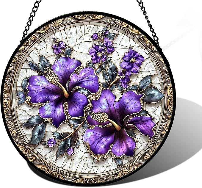 Stained Glass Window Hanging, Purple Flowers Romantic Suncatcher for Doors Home Sun Catchers Decoration and Christmas, Mother's Day Birthday Gifts for Women, Men, and Mom 9.8 in