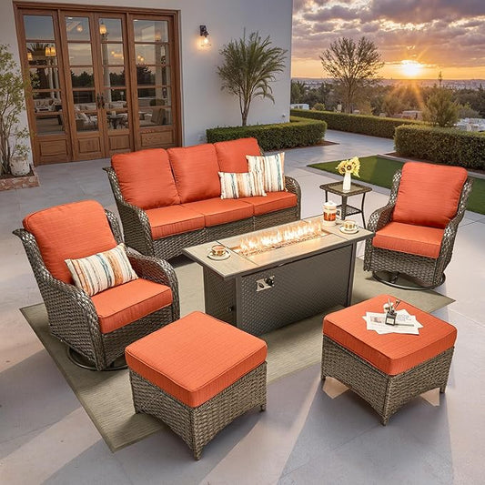 ovios 7 Pieces Patio Furniture Set, Outdoor Wicker Sofa Couch with Swivel Chairs 54" Fire Pit Table, High Back All Weather Modern Conversation Sets, Brown Rattan, Orange Red