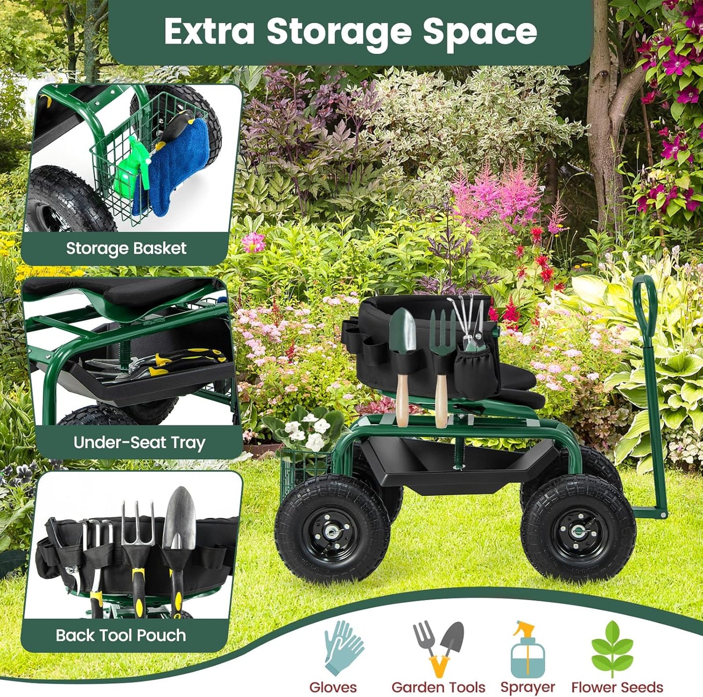 Goplus Garden Seat with Wheels, Rolling Gardening Stool with Adjustable 360° Swivel Seat, Tool Tray & Storage Basket, Extendable Handle, Outdoor Gardening Scooter, Garden Cart Workseat for Seniors