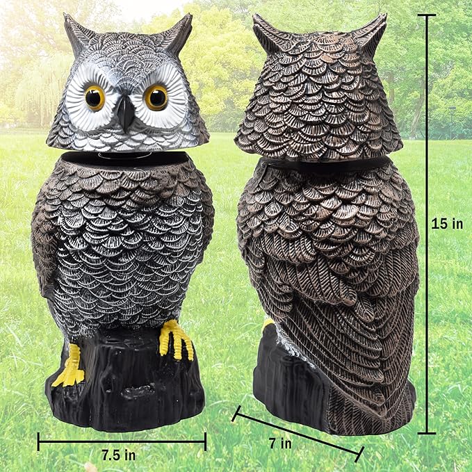 Galashield Owl Decoy to Scare Birds Away Scarecrow Fake Owl with Rotating Head 15" Tall