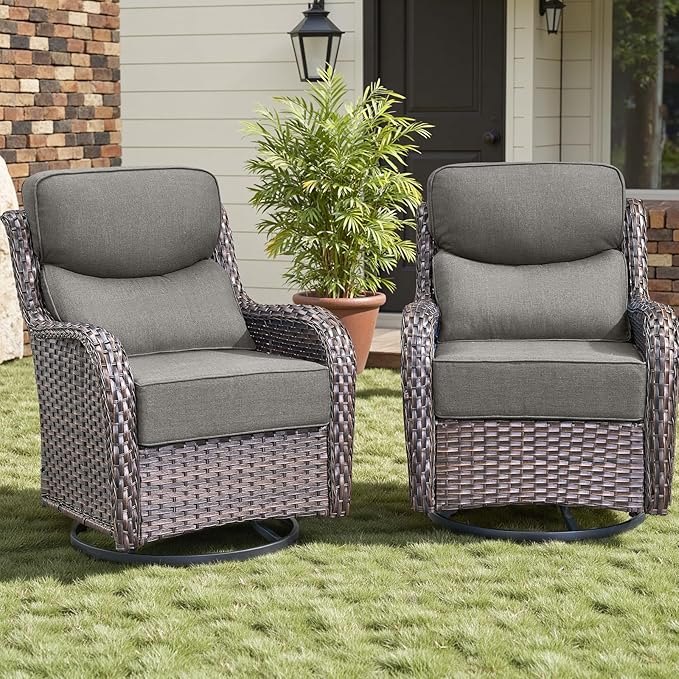Rilyson Outdoor Patio Swivel Rocker Chairs Set of 2, Waterproof Wicker, High Back, Deep Seating, Wide Armrest, Upgraded 6 inch Thick Cushions, Ideal for Deck Porch Backyard, Brown/Grey