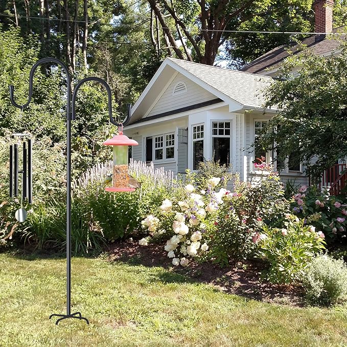 Double Shepherds Hook for Outdoor,78 Inch Bird Feeder Pole with 5 Prongs Base,Adjustable Heavy Duty Garden Hanging Holder for Hanging Plant,Solar Light,Weddings Decor,Hummingbird Feeder（1 Pack）