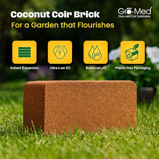 Gro-Med Coco Coir Brick 2s Pack – 1.4 lb Each,Expands to 20 Quarts, Enriched with NPK, Organic Potting Soil Mix for Plants, Seed Starting,Herbs,Flowers and Ideal Reptile Bedding for Snakes & Terrarium