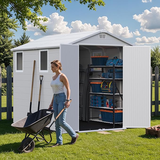 Greesum 6x8FT Plastic Outdoor Storage Shed with Floor, Resin Sheds with Lockable Double Door, Windows & Vents, All-Weather Tool Sheds for Garden, Backyard, Patio, Light Gray