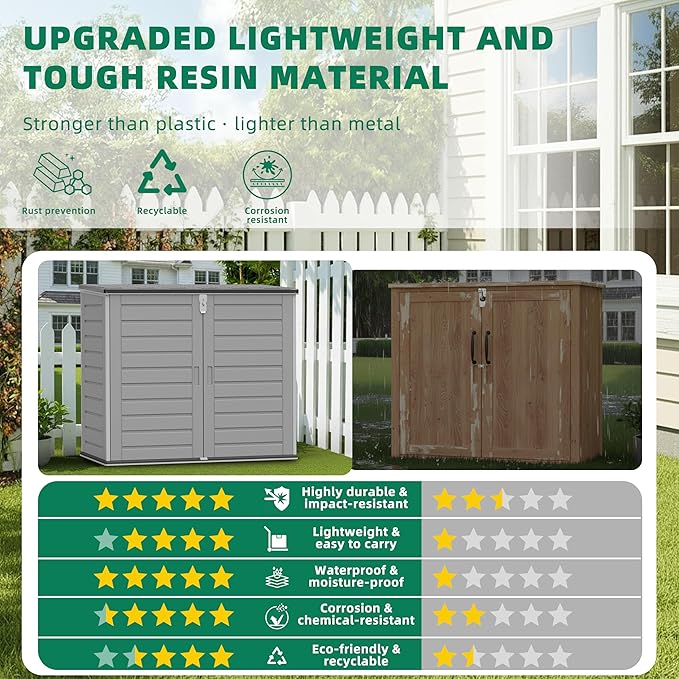 Outdoor Trash Can Storage Shed 4.6 x 4.1 FT, 304 Gallon Resin Shed with Lockable Doors & Lift Lid, Waterproof Outdoor Storage for Garden Tools, Cushions and Patio Equipment (Gary)
